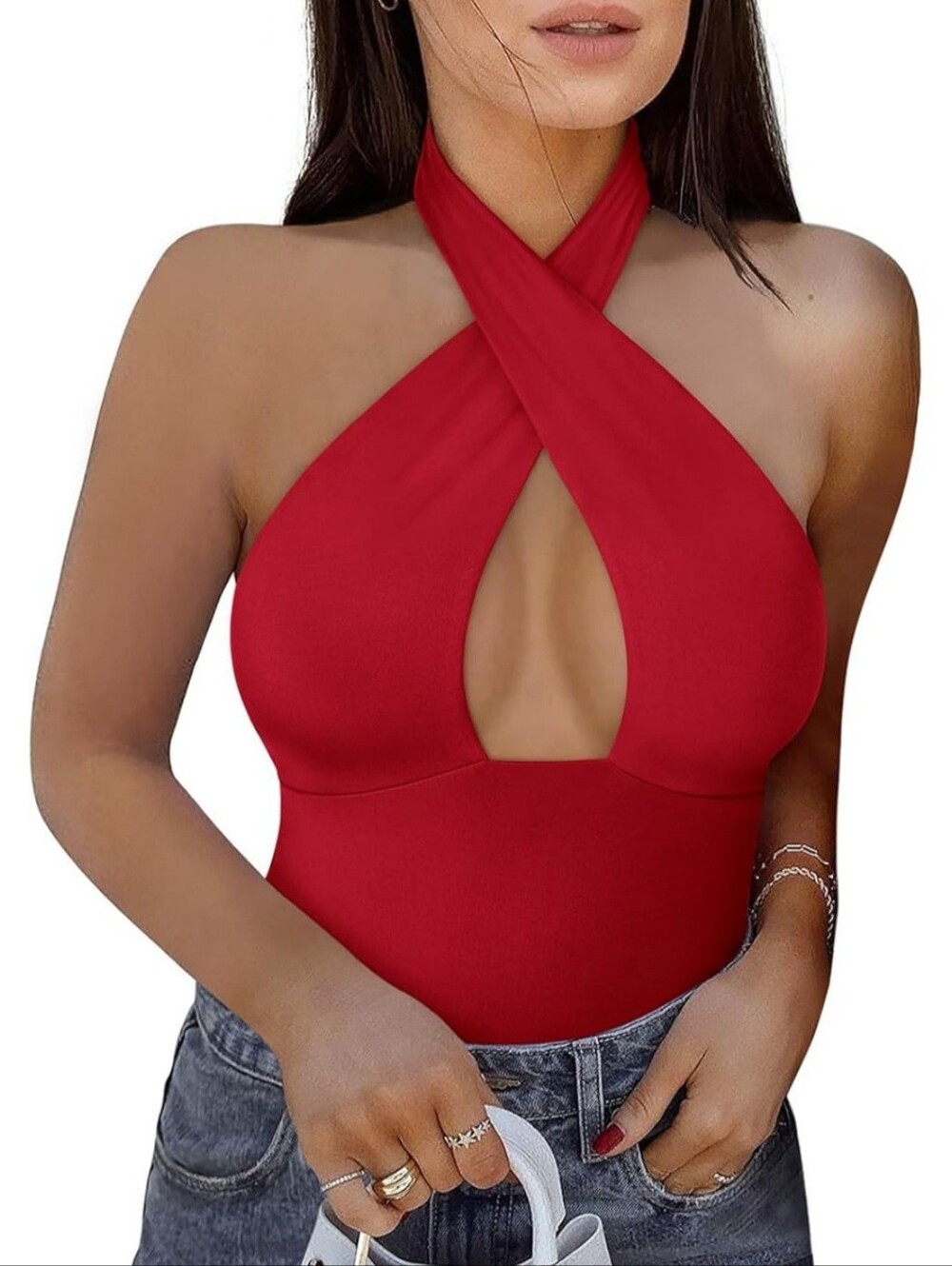REORIA Butsmooth® Women's Trendy Sexy Casual V Neck Double Lined Sleeveless Slim